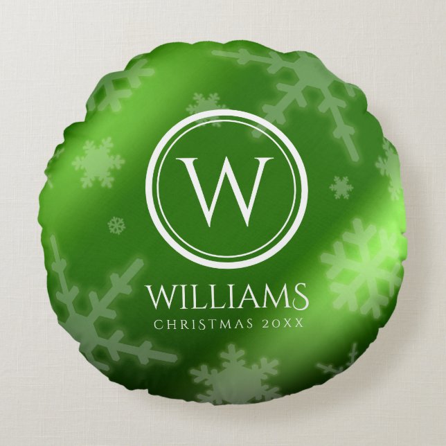 Festive Green Foil Snowflakes Monogram Name Round Cushion (Front)