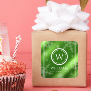 Festive Green Foil Snowflakes Monogram Name Square Sticker