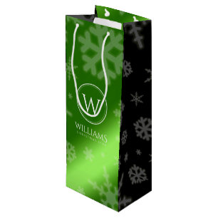 Festive Green Foil Snowflakes Monogram Name Wine Gift Bag