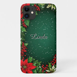 Festive Green Frame with Poinsettia Flowers iPhone 11 Case