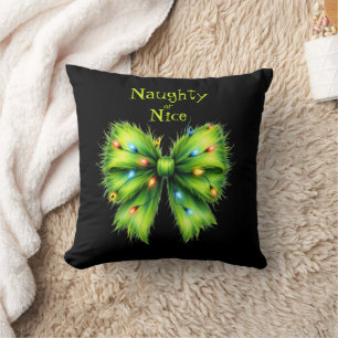 Festive Green Furry Bow-Lights Naughty or Nice Cushion