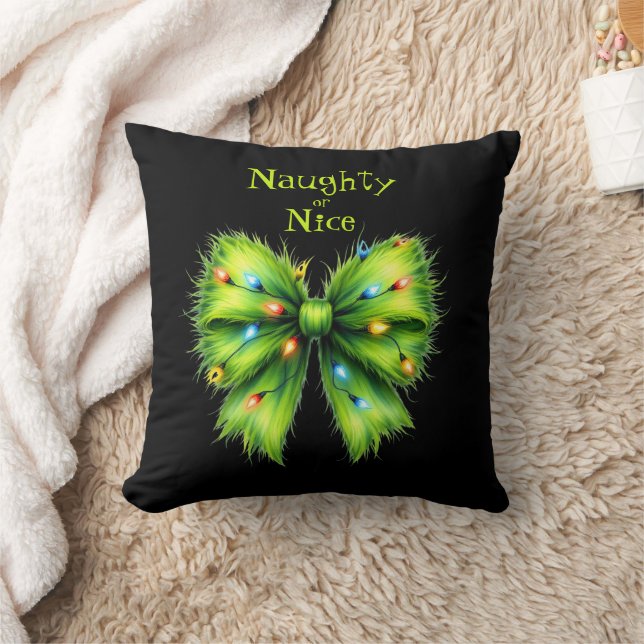 Festive Green Furry Bow-Lights Naughty or Nice Cushion (Blanket)