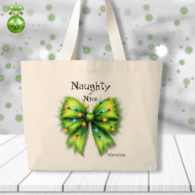 Festive Green Furry Bow-Lights Naughty or Nice Large Tote Bag (Creator Uploaded)