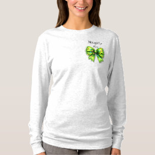Festive Green Furry Bow-Lights Naughty or Nice T-Shirt