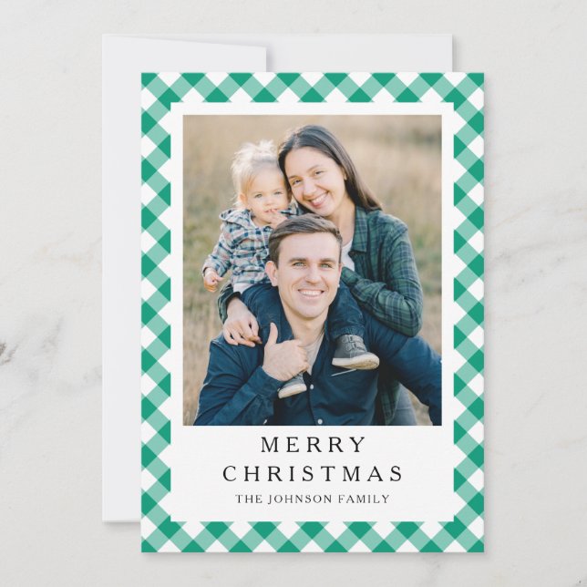 Festive Green Gingham Photo Christmas Holiday Card (Front)