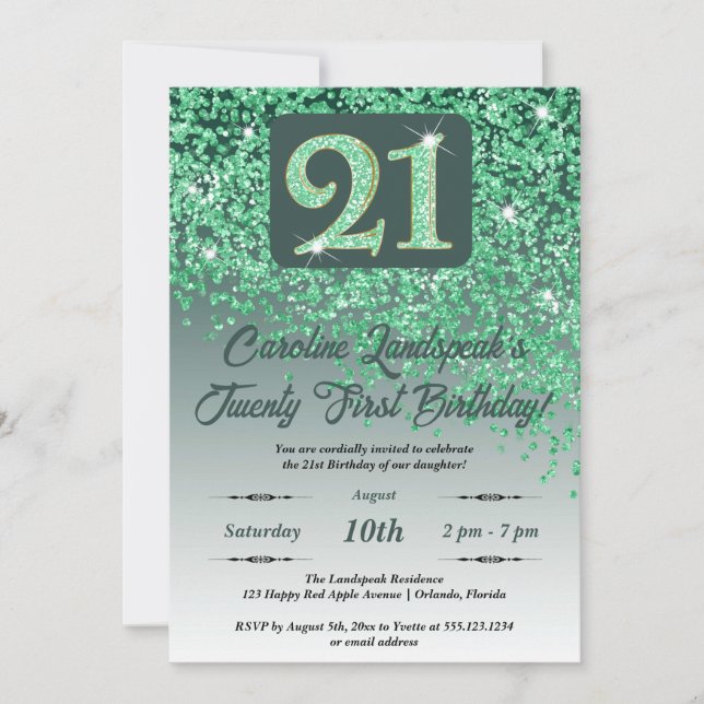 Festive Green Glitter 21st Birthday Invitation (Front)