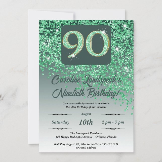 Festive Green Glitter 90th Birthday Invitation (Front)