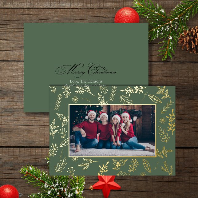 Festive Green Gold Christmas Botanicals Photo Card (Creator Uploaded)