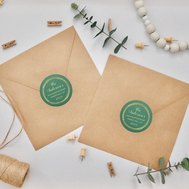 Festive Green & Gold Custom Return Address Classic Round Sticker (Creator Uploaded)