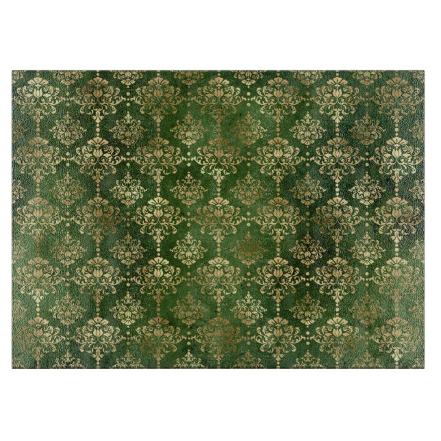 Festive Green & Gold Foil Winter Christmas Damask Cutting Board (Front)