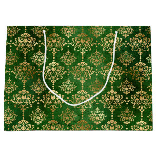 Festive Green & Gold Foil Winter Christmas Damask Large Gift Bag