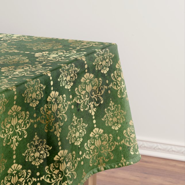 Festive Green & Gold Foil Winter Christmas Damask Tablecloth (In Situ)