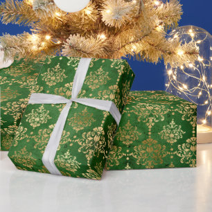 Festive Green & Gold Foil Winter Christmas Damask Wrapping Paper