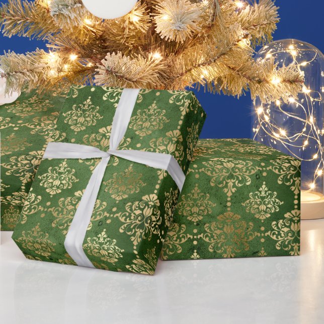 Festive Green & Gold Foil Winter Christmas Damask Wrapping Paper (Holidays)