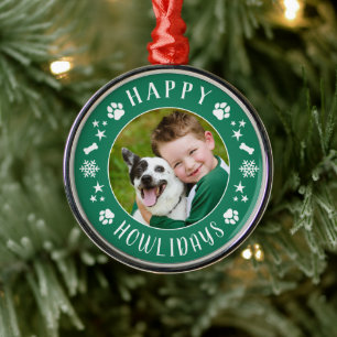 Festive Green Happy Howlidays Dog Photo Wreath Metal Tree Decoration