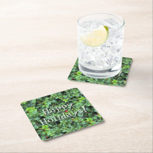 Festive Green Holly Berry Christmas Square Paper Coaster