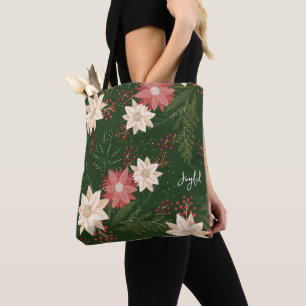 Festive Green Joyful Poinsettia Christmas Holiday Tote Bag