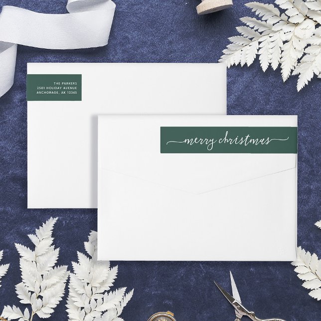 Festive Green | Merry Christmas Address Wrap Around Label (Stylish and elegant wrap-around return address labels for Christmas)