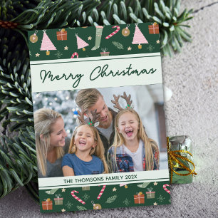 Festive Green Merry Christmas Pattern Photo  Holiday Card