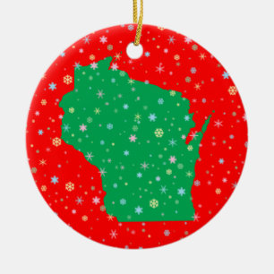 Festive Green on Red Map of Wisconsin Snowflakes Ceramic Tree Decoration