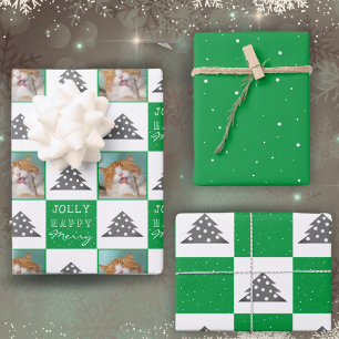 Festive Green Pet Photo Christmas Tree Wrapping Paper Sheet