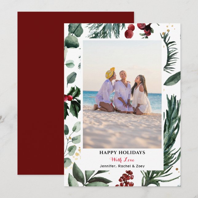 Festive Green Pine Bough Berry Merry Christmas  Holiday Card (Front/Back)