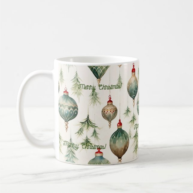 Festive Green Pine Trees & Ornaments Holiday Mug (Left)