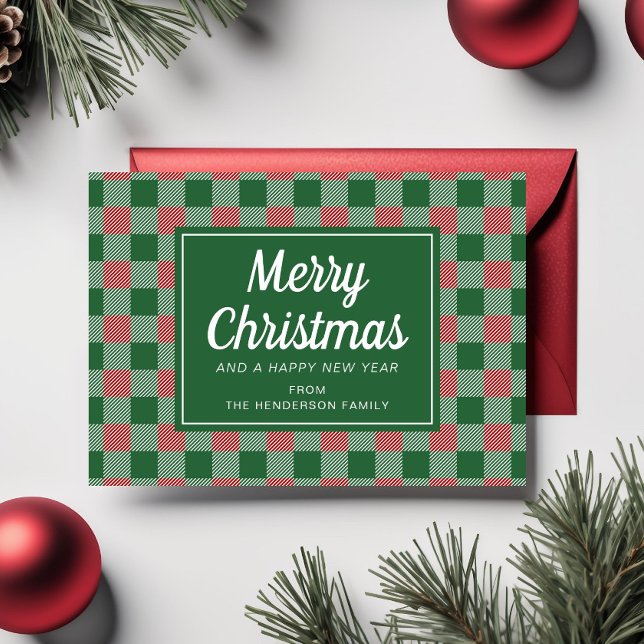 Festive Green Plaid Merry Christmas Script Holiday Card (Festive Green Plaid Merry Christmas Script Holiday Card)