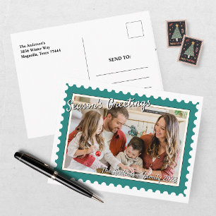 Festive Green Postage Stamp Photo Christmas Holiday Postcard