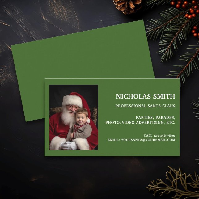 Festive Green Professional Santa Claus Photo Business Card (Creator Uploaded)