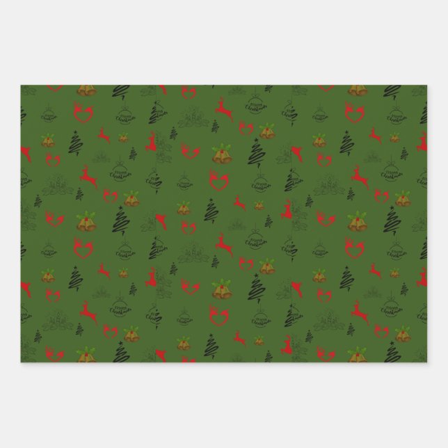 Festive Green Red and Gold Reindeer Wrapping Paper Sheet (Front)