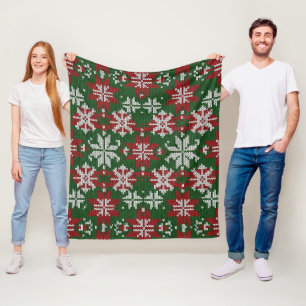 Festive Green Red and White Nordic Knit Fleece Blanket