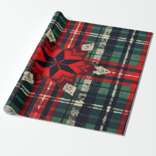 Festive Green, Red & Beige Plaid with Star Center  Wrapping Paper