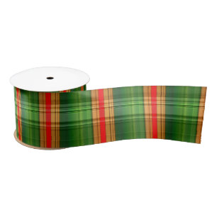 Festive Green, Red & Gold Plaid (Tartan) Satin Rib Ribbon