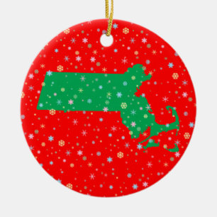 Festive Green Red Map of Massachusetts Snowflakes Ceramic Tree Decoration