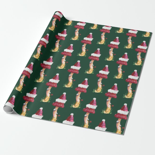 Festive Green Red Mushroom Pattern Christmas Gift Wrapping Paper (Unrolled)