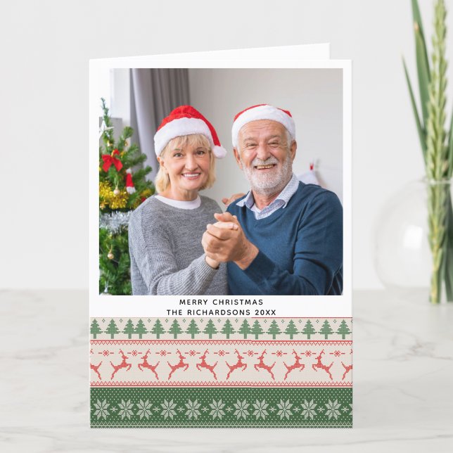 Festive Green Red Nordic Sweater Reindeer Pattern Holiday Card (Creator Uploaded)