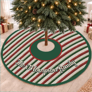 Festive Green Red Striped Christmas Pattern Fleece Tree Skirt