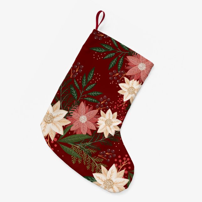 Festive Green Red Yellow Poinsettia Holiday Small Christmas Stocking (Front (Hanging))