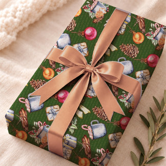 Festive Green Retro Christmas Pattern Wrapping Paper
