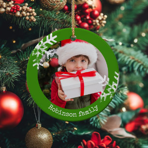 Festive Green Rustic Holiday Photo Snowflake Ceramic Tree Decoration