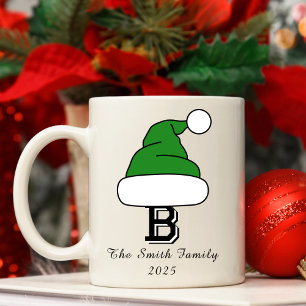 Festive Green Santa Hat Monogram Family Christmas Coffee Mug