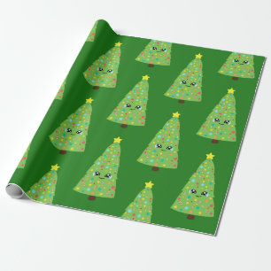 Festive Green Smiling Kawaii Christmas Tree Kid's Wrapping Paper