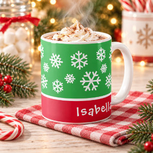 Festive Green Snowflake Christmas Name Coffee Mug