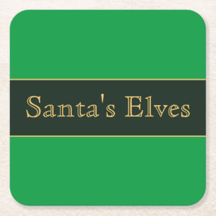 Festive Green Stripes Retro "Santa's Elves" Text Square Paper Coaster