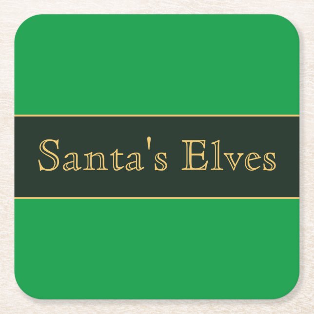 Festive Green Stripes Retro "Santa's Elves" Text Square Paper Coaster (Front)