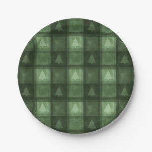 Festive Green Textured Plaid And Trees Christmas Paper Plate