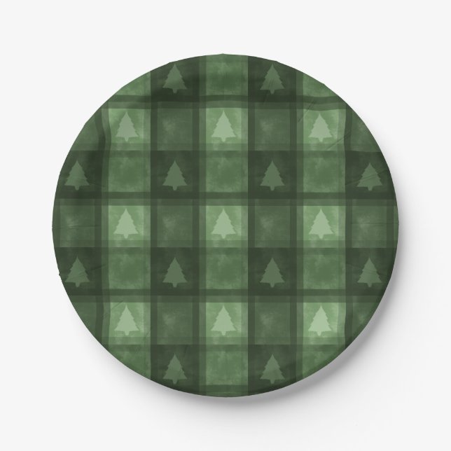 Festive Green Textured Plaid And Trees Christmas Paper Plate (Front)