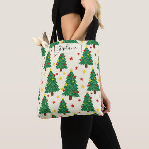 Festive Green Tree Star Everyday Tote Personalized Bag