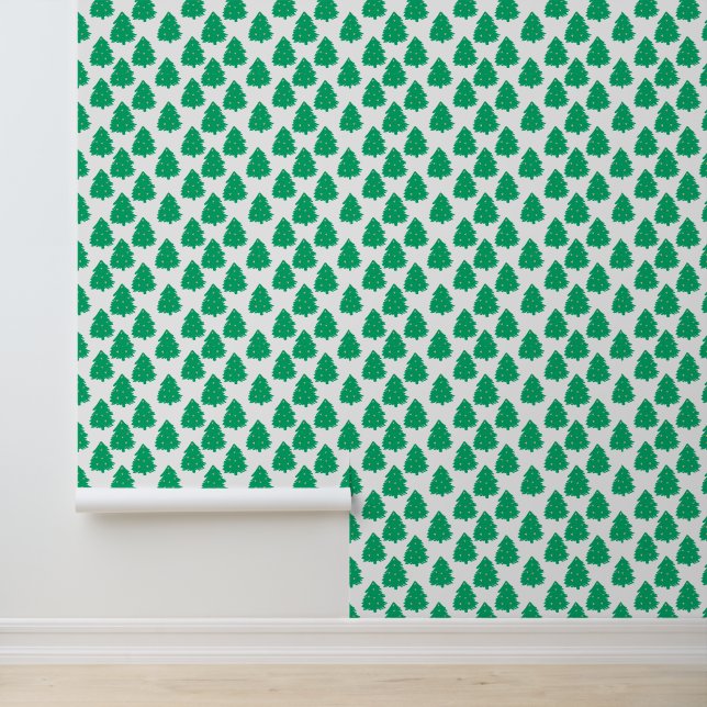 Festive Green White Christmas Tree Stick and Peel Wallpaper (Application)